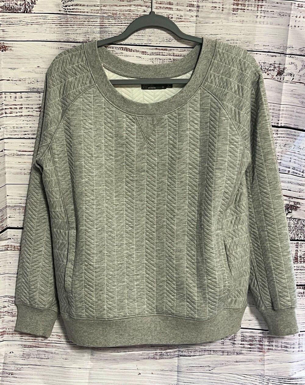 prAna Silverspring Quilted Cable Knit Pullover Sweatshirt Gray Pockets Women's M